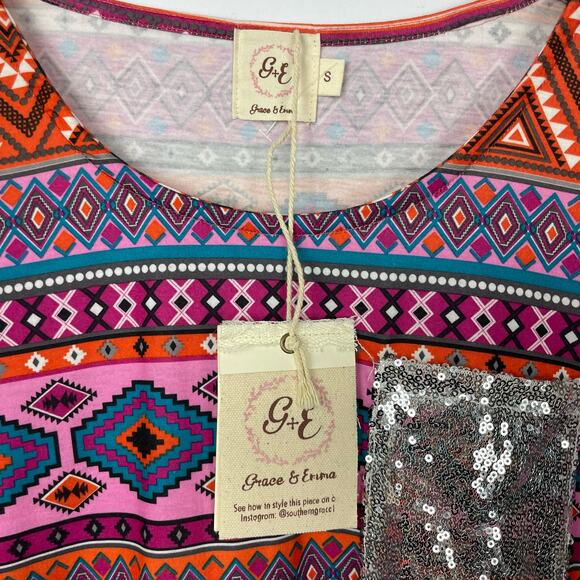 Grace & Emma | NWT Colorful Aztec Print Sequin Pocket Shift Dress - Picture 4 of 6